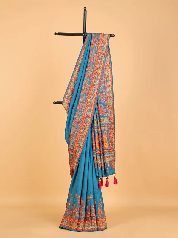 Latest teal blue pashmina silk wedding saree