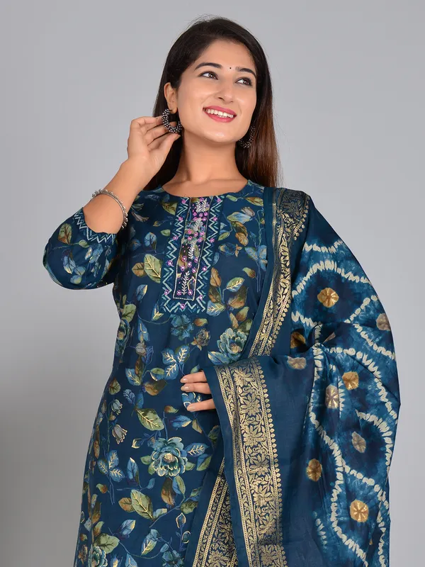 Latest teal blue printed kurti set