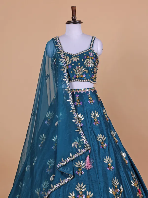 Latest teal blue raw silk lehenga choli