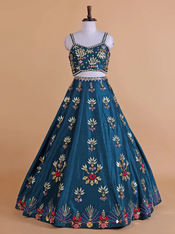 Latest teal blue raw silk lehenga choli