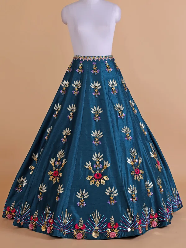 Latest teal blue raw silk lehenga choli