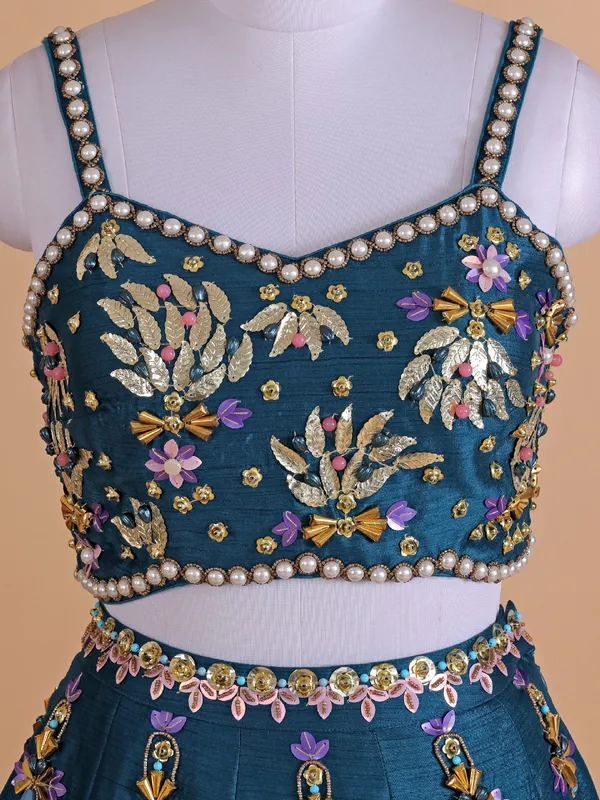 Latest teal blue raw silk lehenga choli