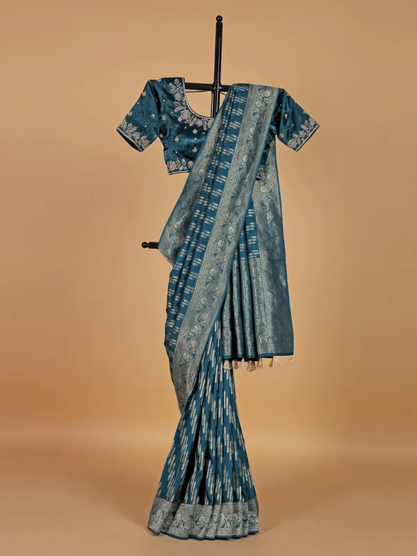 Latest teal blue silk wedding saree