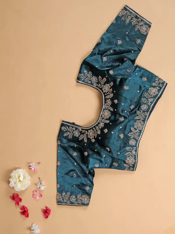 Latest teal blue silk wedding saree