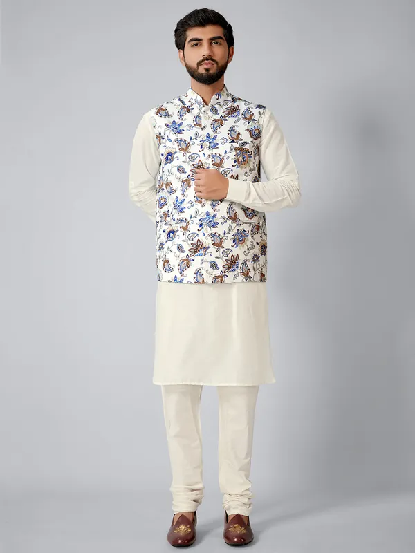 Latest terry rayon white and cream printed waistcoat set
