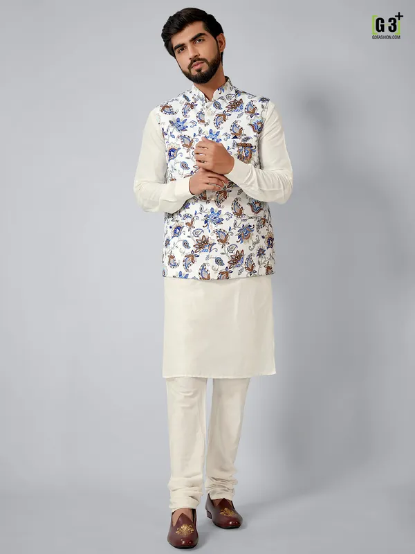 Latest terry rayon white and cream printed waistcoat set