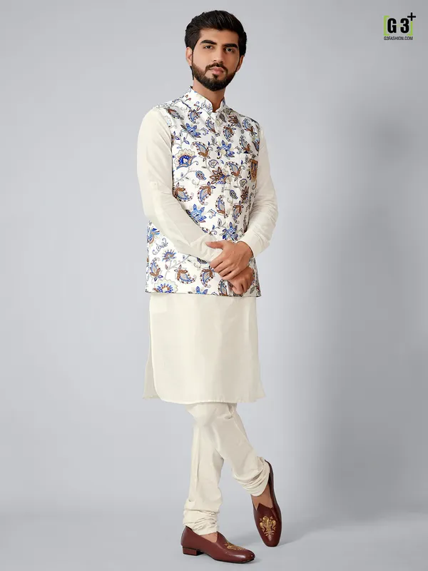 Latest terry rayon white and cream printed waistcoat set