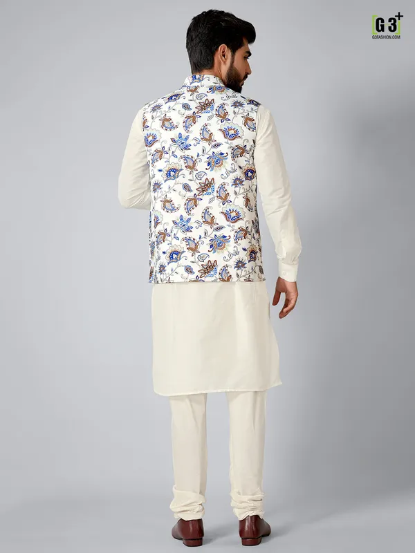 Latest terry rayon white and cream printed waistcoat set