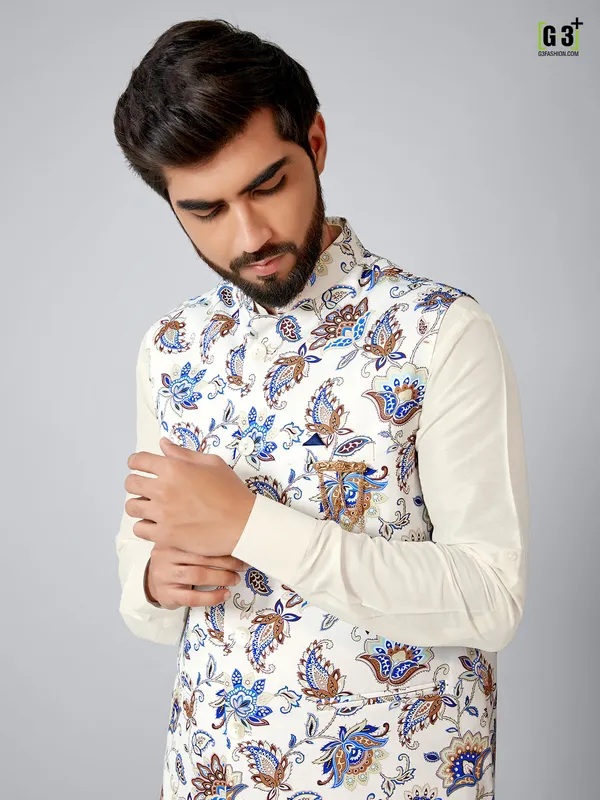 Latest terry rayon white and cream printed waistcoat set