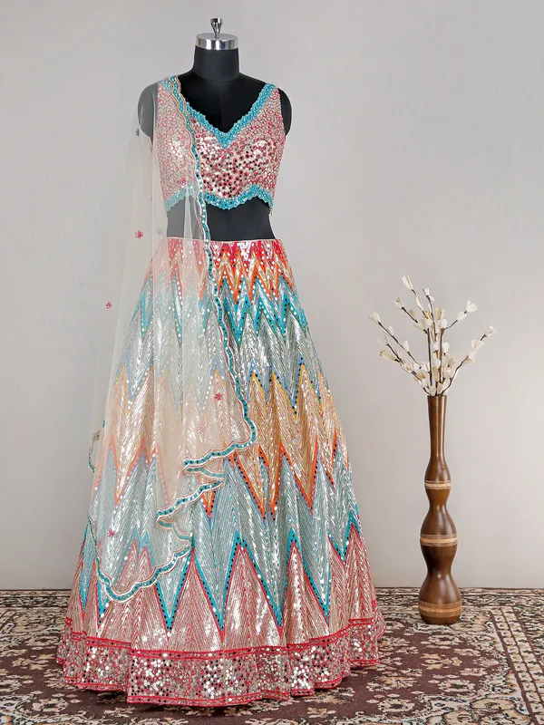 Latest wedding wear net multi color lehenga choli