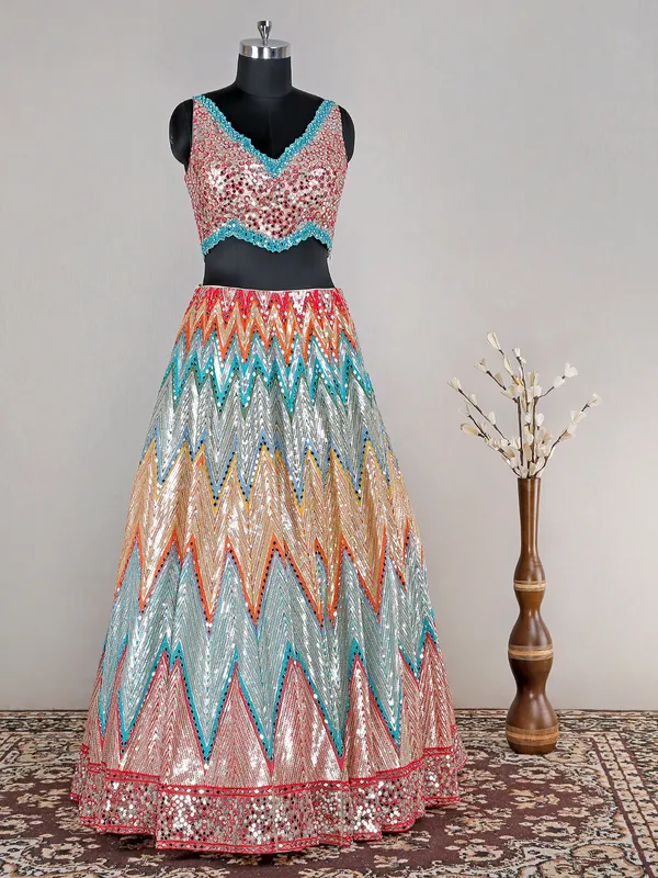 Latest wedding wear net multi color lehenga choli