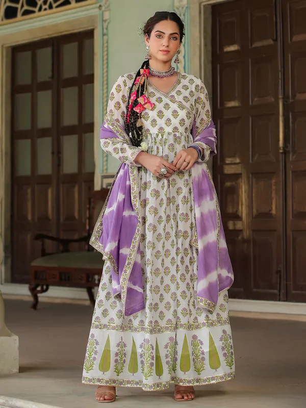 Latest white and purple cotton long kurti