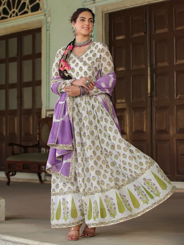 Latest white and purple cotton long kurti