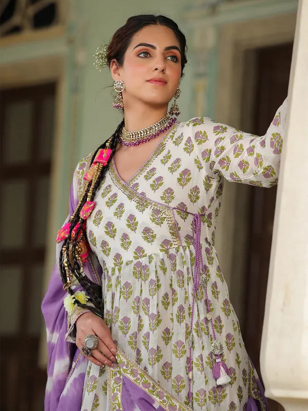 Latest white and purple cotton long kurti