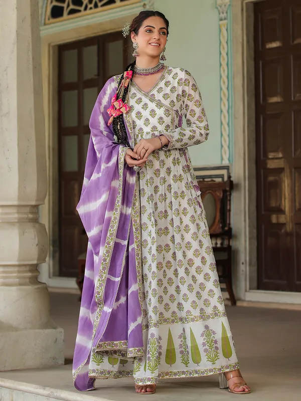 Latest white and purple cotton long kurti