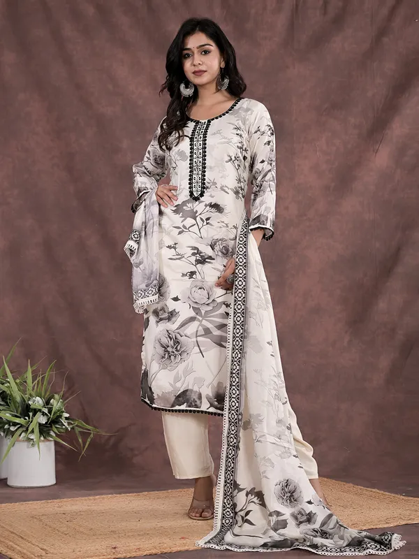 Latest white printed cotton kurti set