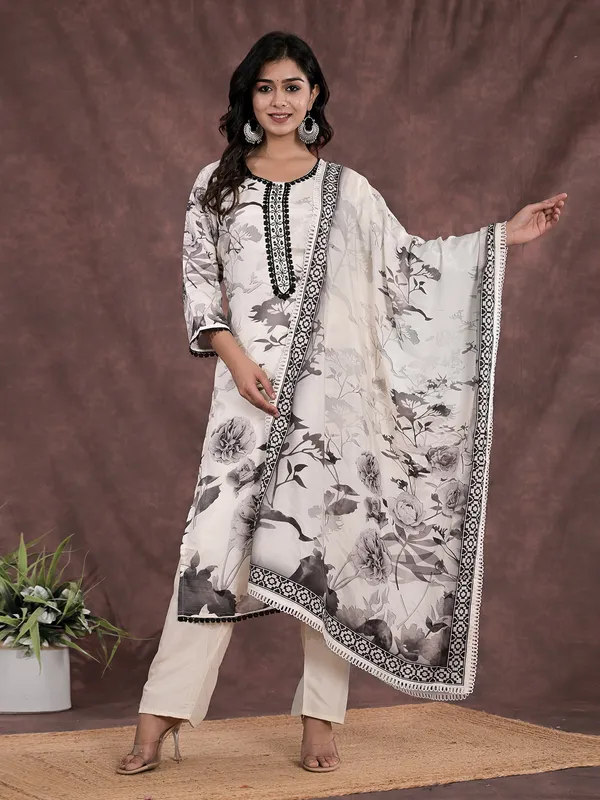 Latest white printed cotton kurti set