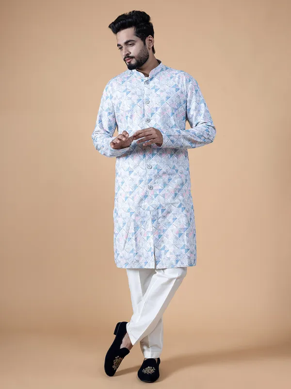 Latest white silk printed waistcoat set