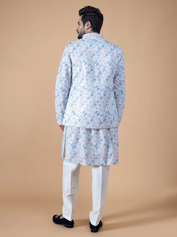 Latest white silk printed waistcoat set
