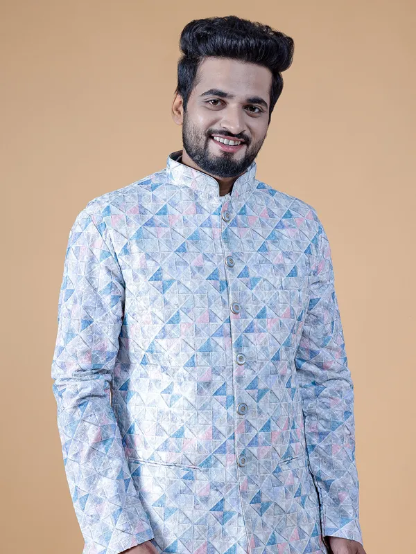 Latest white silk printed waistcoat set