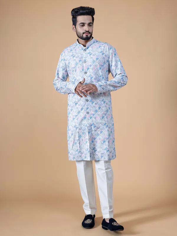 Latest white silk printed waistcoat set