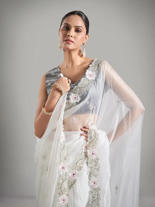 Latest white tissue silk saree