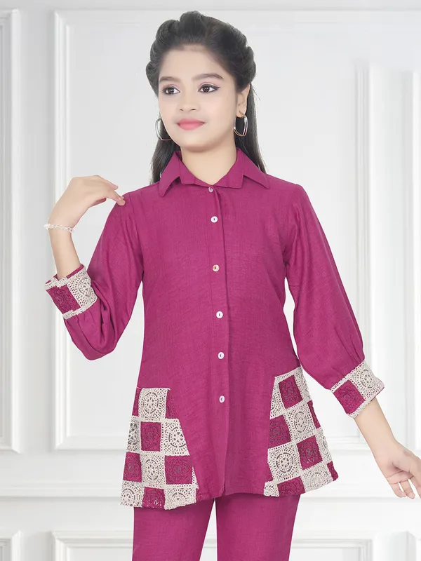 Latest wine cotton embroidery co-ord set