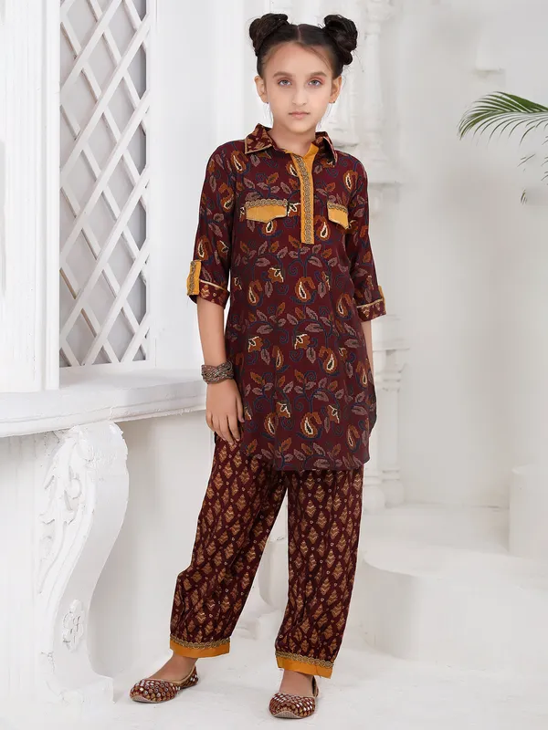 Latest maroon cotton printed salwar suit for girls
