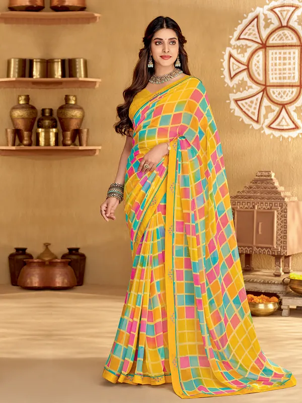 Latest yellow checks printed saree