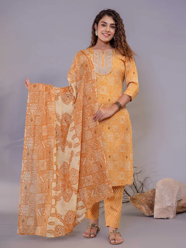 Latest yellow cotton printed kurti set