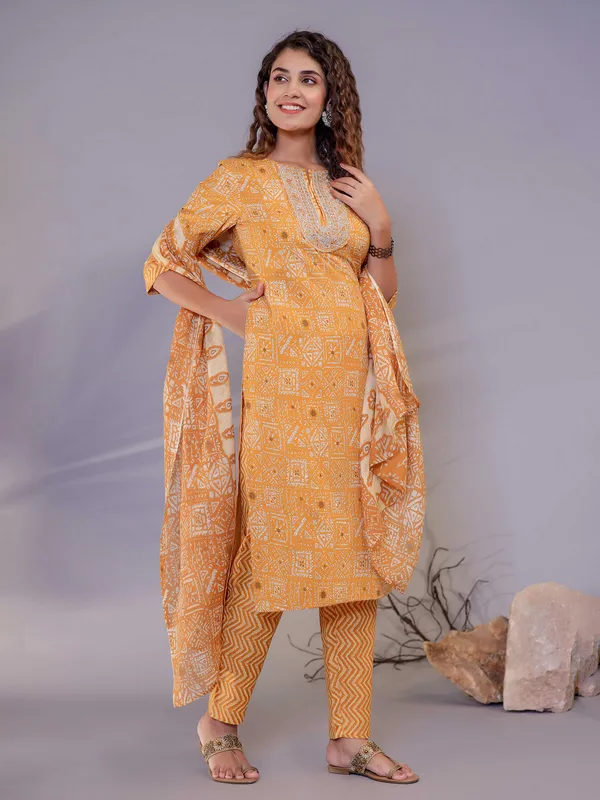 Latest yellow cotton printed kurti set