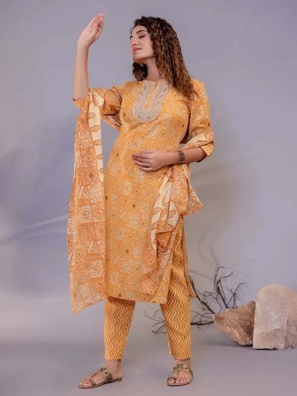 Latest yellow cotton printed kurti set