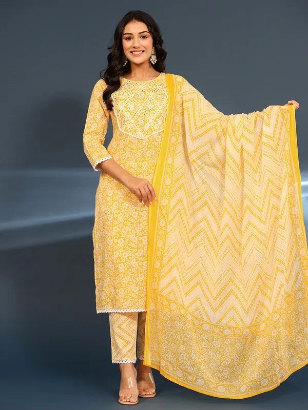 Latest yellow embroidery kurti set