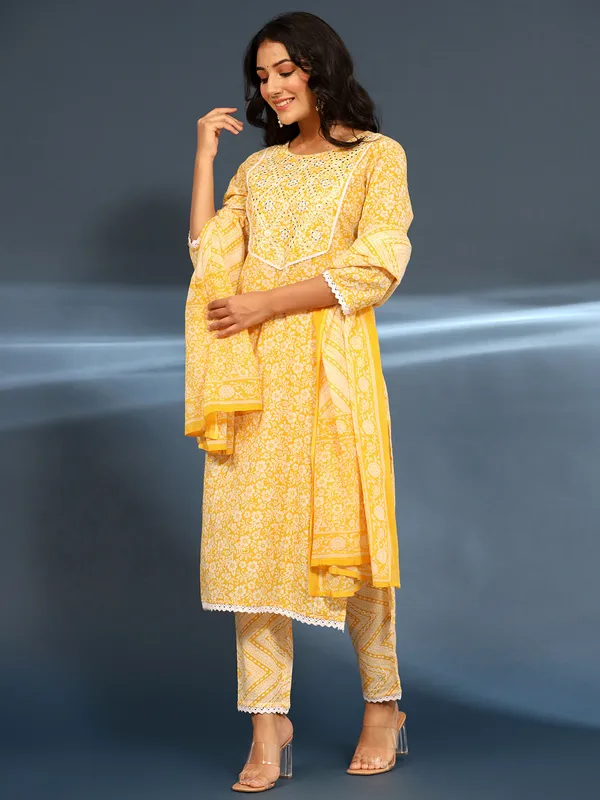 Latest yellow embroidery kurti set