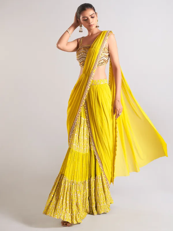 Latest yellow georgette ready to wear saree