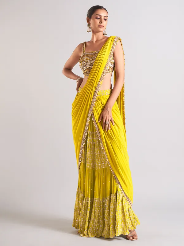 Latest yellow georgette ready to wear saree