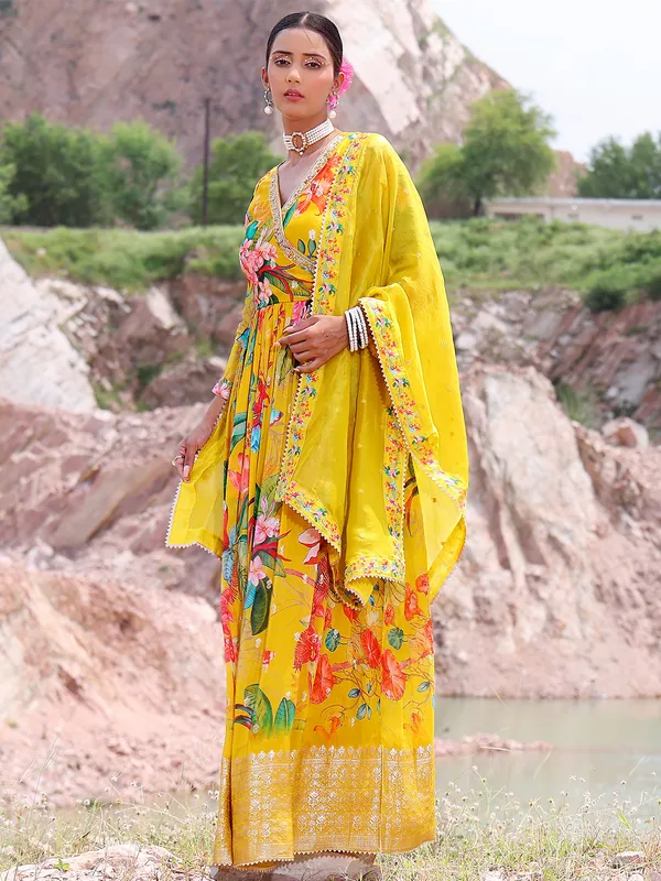 Latest yellow printed anarkali suit