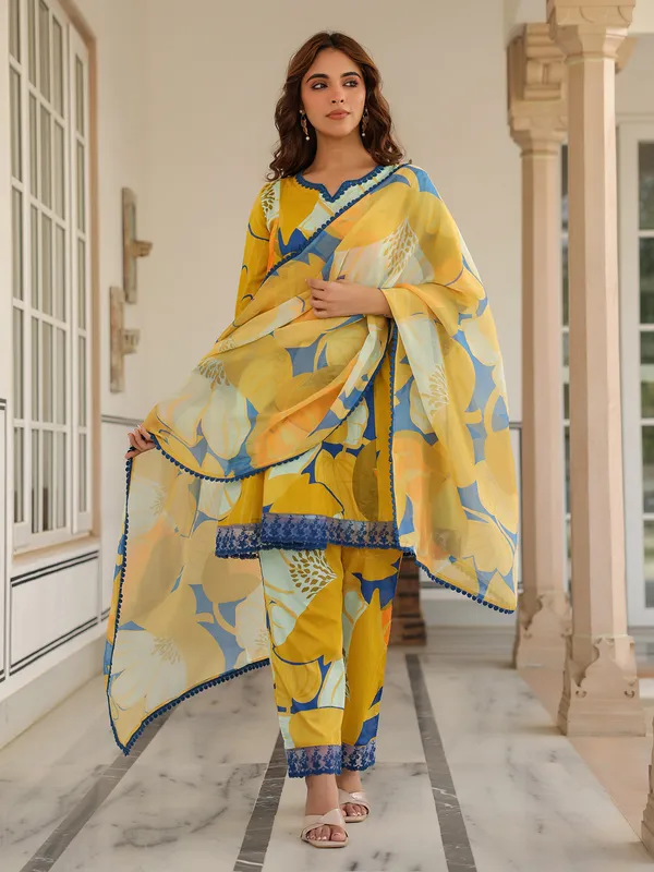 Latest yellow printed cotton kurti set