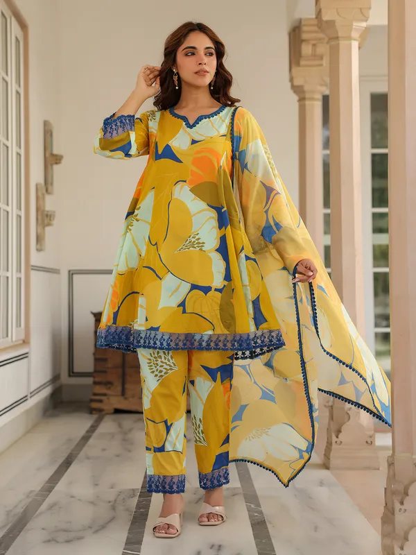 Latest yellow printed cotton kurti set