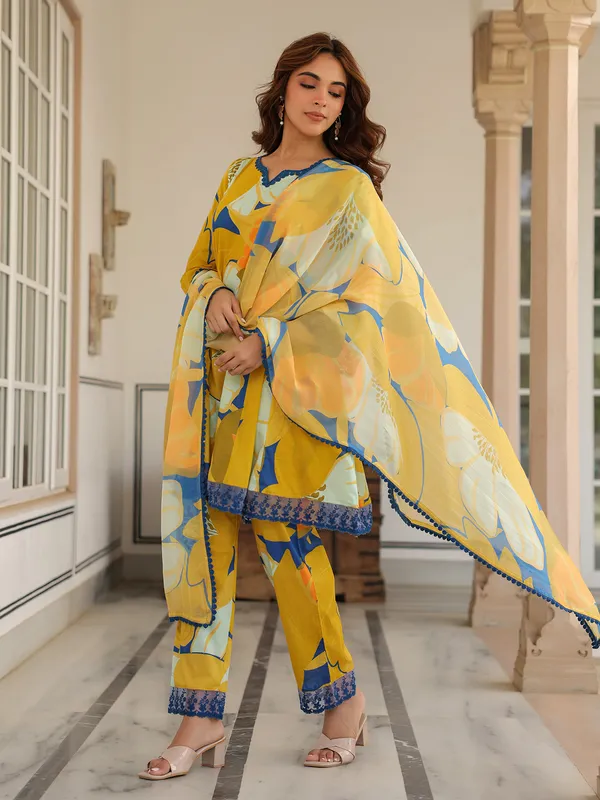 Latest yellow printed cotton kurti set