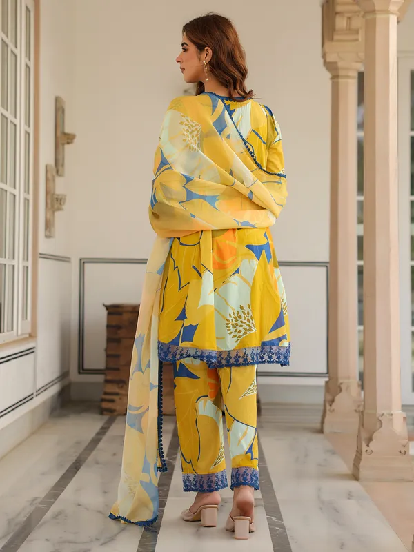 Latest yellow printed cotton kurti set