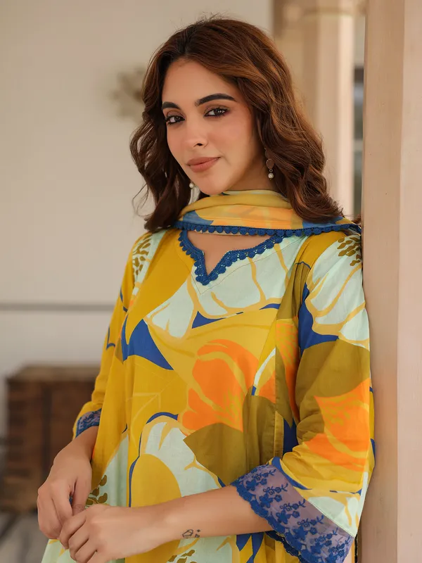Latest yellow printed cotton kurti set