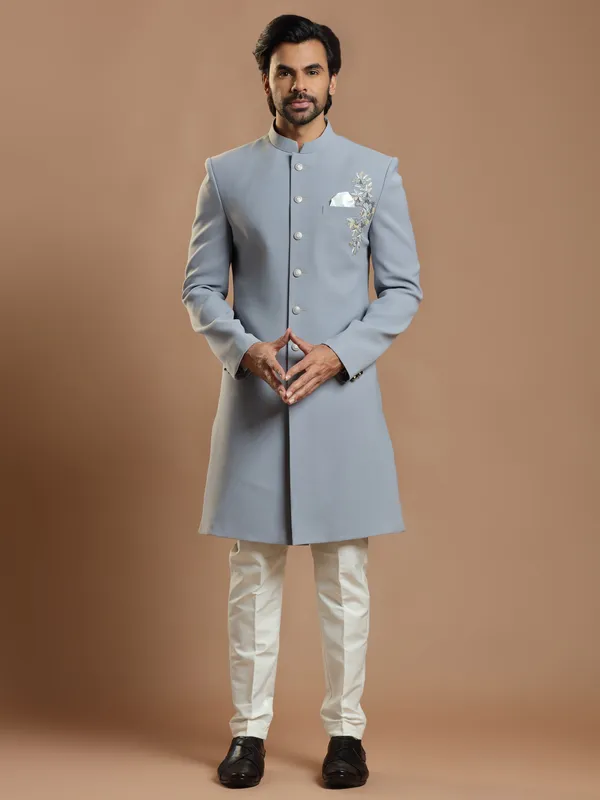 Laveder blue party wear terry rayon indowestern for men