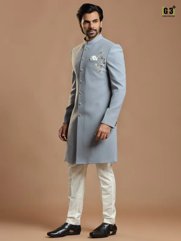 Laveder blue party wear terry rayon indowestern for men