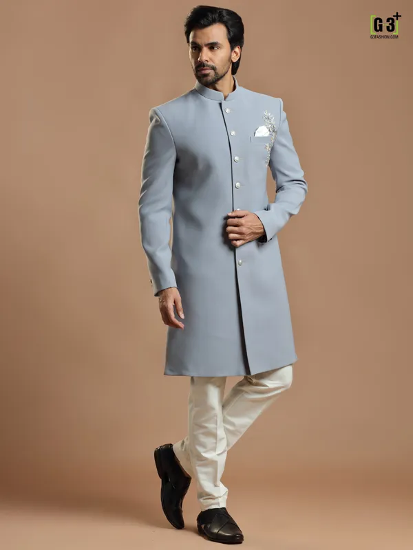 Laveder blue party wear terry rayon indowestern for men