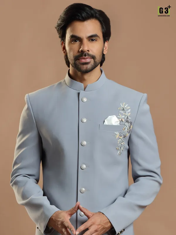 Laveder blue party wear terry rayon indowestern for men