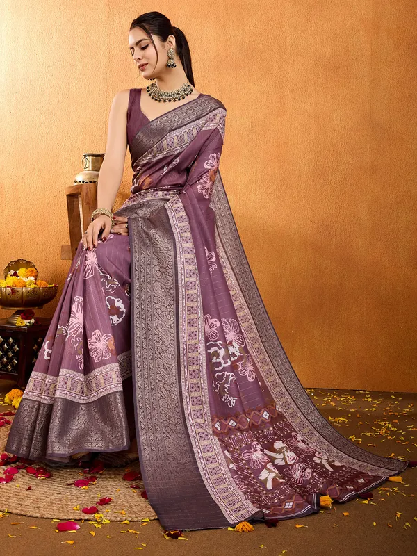 Lavender crepe silk saree in digital print