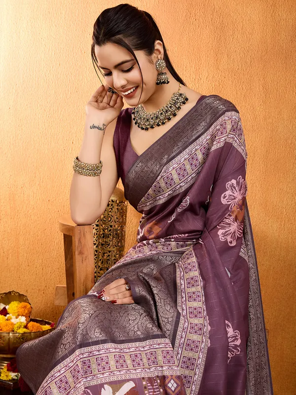 Lavender crepe silk saree in digital print