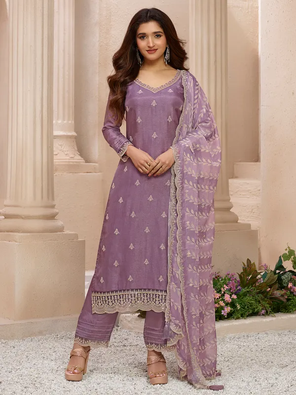 Lavender festive style silk salwar suit for women