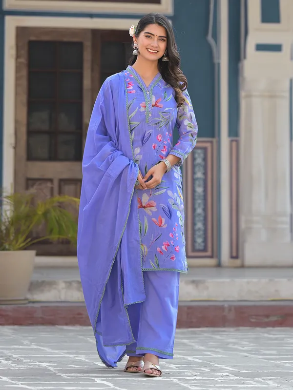 Lavender floral print cotton kurti set